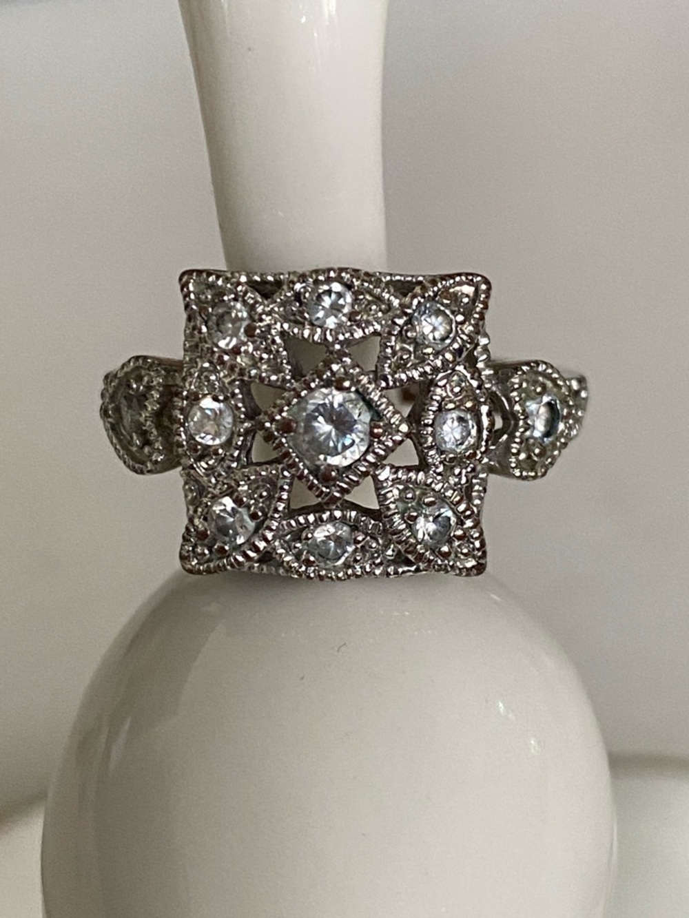 Silver Vintage Style Square Filigree Ring Floral & Crystals Marcasite Accents - Picture 3 of 16